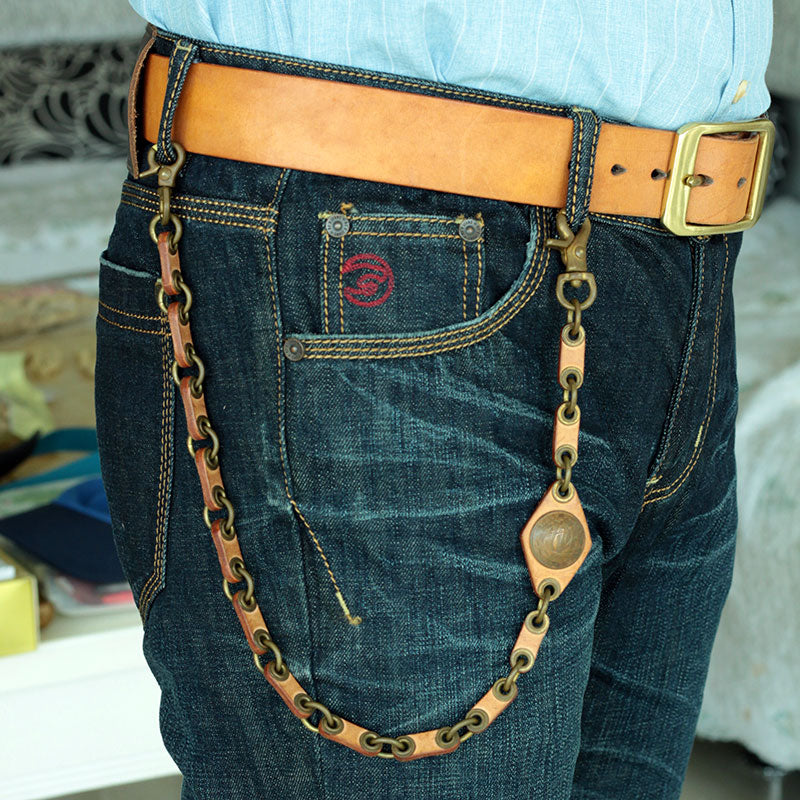 Cool Men's Handmade Leather Brass Pants Chains Biker Wallet Chains For Men - iwalletsmen