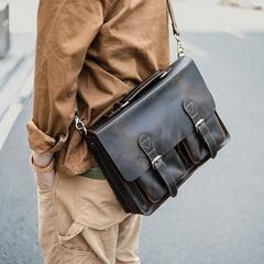 Vintage Dark Brown Mens Leather Briefcase Work Handbag Dark Coffee 14'' Computer Briefcase For Men - iwalletsmen
