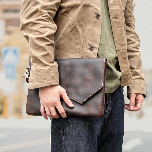 Vintage Business Leather Mens Black Envelope Bag Document Purse Dark Brown Clutch For Men - iwalletsmen