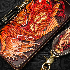Handmade Leather Tooled Carp Mens Chain Biker Wallet Cool Leather Wallet Long Phone Wallets for Men