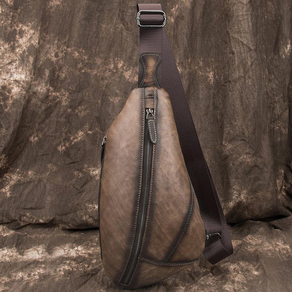 Brown Cool LEATHER MENS Retro Tan Sling Bag One Shoulder Backpack Blue Chest Bags For Men - iwalletsmen