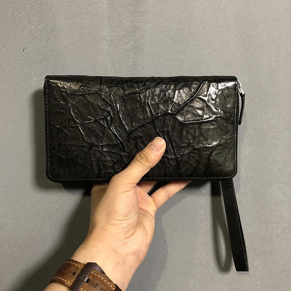 CASUAL BLACK LEATHER MEN'S Bifold Long Wallet Clutch Wallet BLACK Wristlet Wallets FOR MEN - iwalletsmen