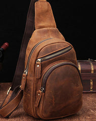 Cool Vintage Brown Leather Chest Bag Sling Bags Crossbody Sling Bag One Shoulder Backpack For Men - iwalletsmen