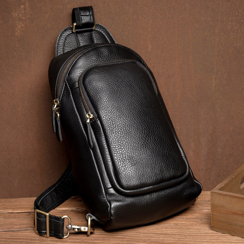 Black Leather Mens Cool Sling Bags Crossbody Pack Black One Shoulder Backpack Chest Bags for men - iwalletsmen