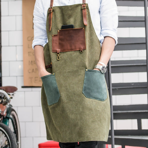 Vintage Canvas Leather Mens Womens Gray Craftsman Apron Cafe Staff Apron Work Apron for Men - iwalletsmen