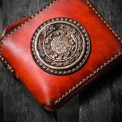 Handmade Leather Small Tibetan Tooled Mens billfold Wallet Cool Chain Wallet Biker Wallet for Men
