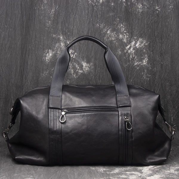 Casual Black Leather Men's Overnight Bag Large Travel Bag Luggage Weekender Bag For Men - iwalletsmen