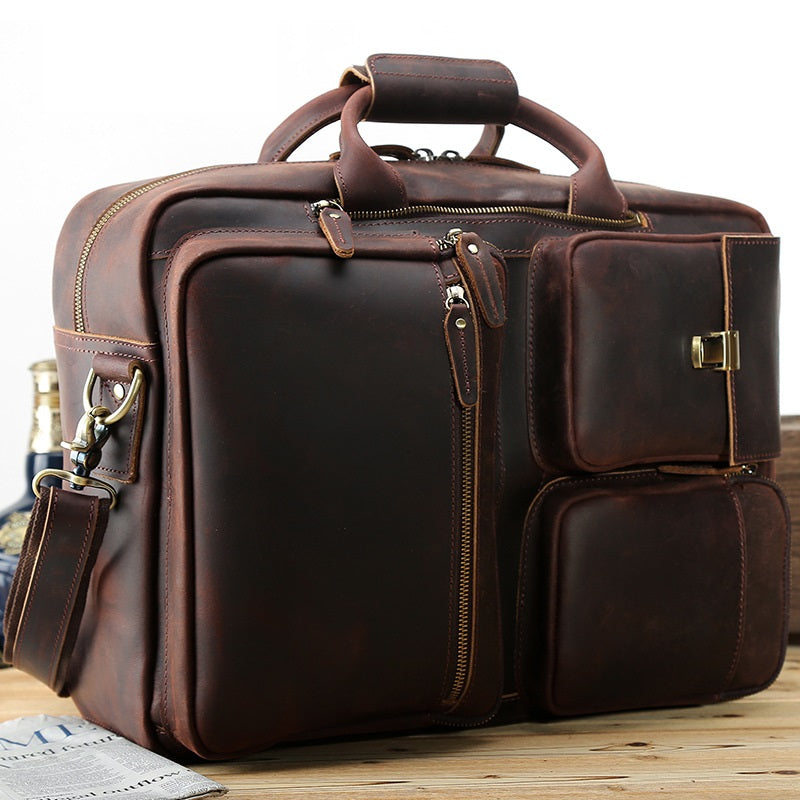 Large Brown Leather Mens Briefcase 15inch Laptop Backpack Work Bag Travel Bag For Men - iwalletsmen