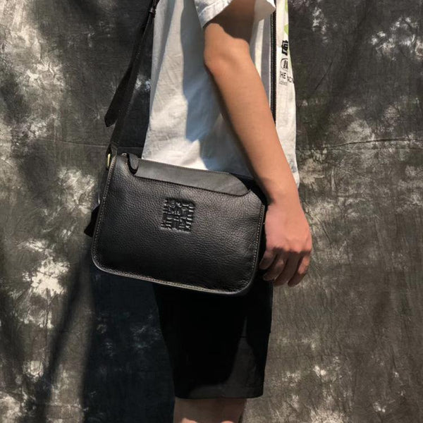 Black LEATHER MENS 10-inch Small Postman Bag SHOULDER BAG SIDE BAG COURIER BAG IPAD MESSENGER BAG FOR MEN - iwalletsmen