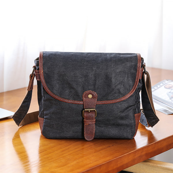 Canvas Mens Small Side Bag 10'' Courier Bag Black Postman Bag Messenger Bag for Men - iwalletsmen