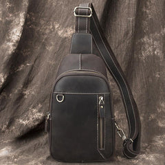 Simple Black Leather Sling Backpack Mens Sling Bag Vintage Sling Pack For Men - iwalletsmen