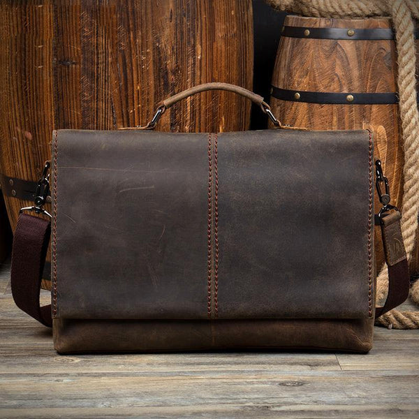 Vintage Dark Brown Leather Mens 15 inches Briefcase Laptop Bag Business Side Bags Work Bag for Men - iwalletsmen