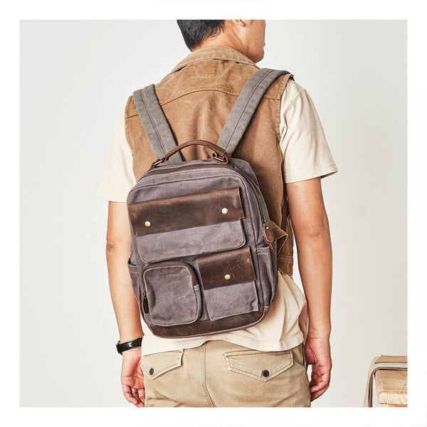 Waxed Canvas Leather Mens Backpack 14 inches Canvas Travel Backpack Canvas Computer Backpack for Men - iwalletsmen