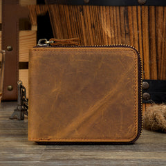 Brown Cool Leather Mens billfold Wallet Zipper Trifold Card Small Wallet for Men - iwalletsmen