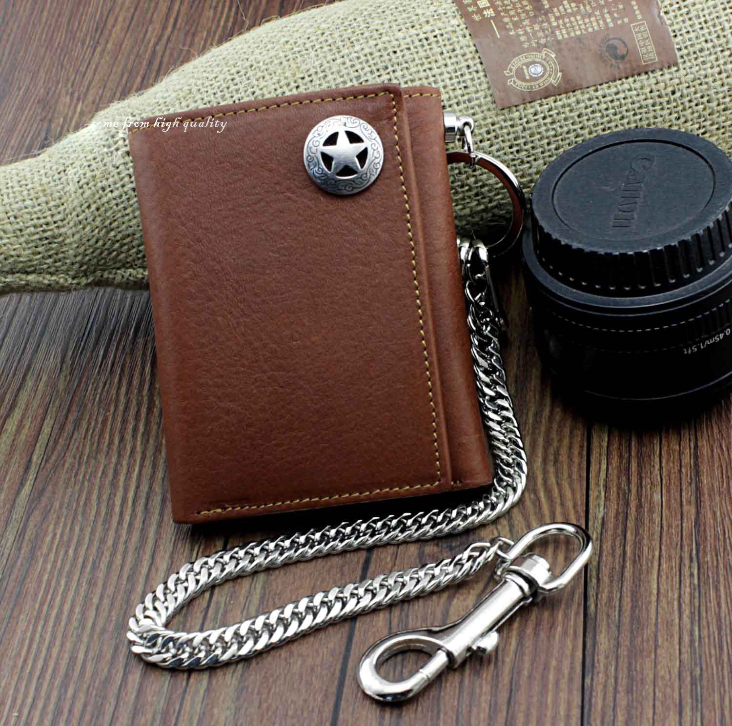 BADASS BROWN LEATHER MENS TRIFOLD SMALL BIKER WALLET CHAIN WALLET WALLET WITH CHAIN FOR MEN - iwalletsmen