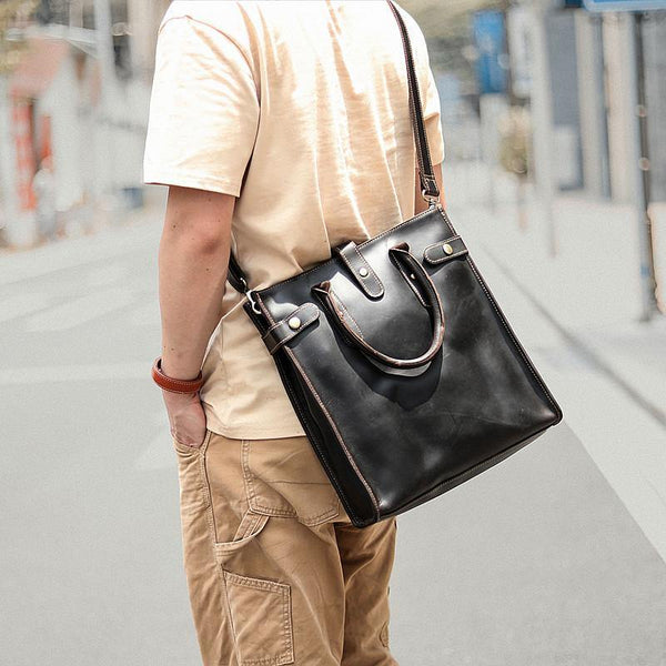 Vintage Dark Tan Mens Leather Vertical Briefcase Work Handbag Tote Brown 13'' Computer Briefcases For Men - iwalletsmen