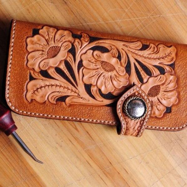 Handmade Tooled Floral Mens Leather Long Biker Wallet Cool Long Chain Wallet for Men - iwalletsmen