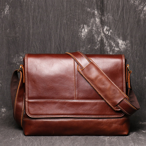 Cool Brown Leather Men's Side Bag Red Brown Messenger Bag Courier Bag For Men - iwalletsmen