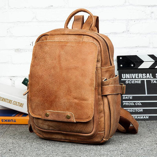 Brown Casual Mens Leather 12-inch Small Computer Backpacks Travel Backpack for men - iwalletsmen