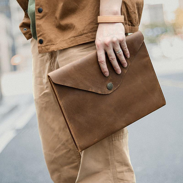 Vintage Business Leather Mens Black Envelope Bag Document Purse Brown Clutch For Men - iwalletsmen