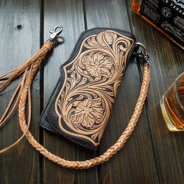 Handmade Leather Biker Wallet Tooled Floral Mens Cool Chain Wallet Trucker Wallet with Chain