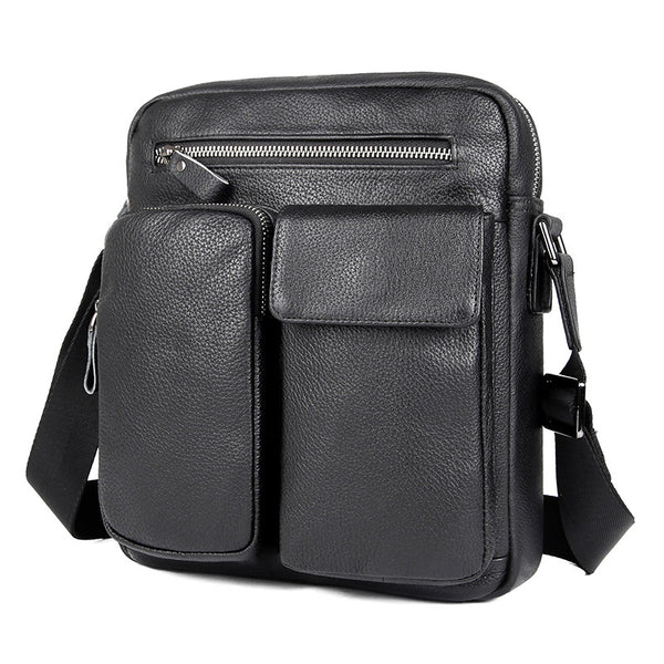 Black Cool Leather Large Zipper Messenger Bag Vertical Brown Side Bag For Men - iwalletsmen