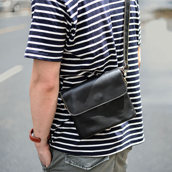 Black Leather Mens Cool Small Courier Bags Messenger Bags Amber Brown Postman Bag For Men - iwalletsmen