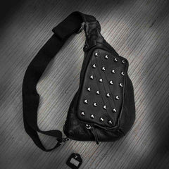 Badass Black Leather Men's Sling Bag Punk Chest Bag Rivet One shoulder Backpack Phone Bag For Men - iwalletsmen