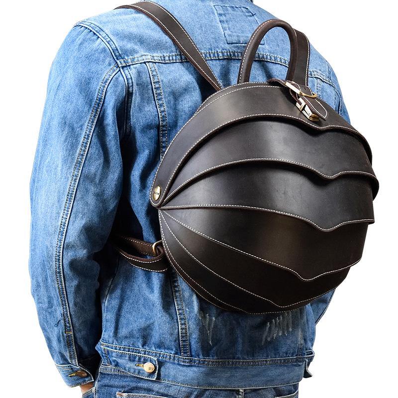 Dark Coffee Beetle Style Leather Men's Unique Backpack Hemisphere Travel Backpack College Backpack For Men - iwalletsmen