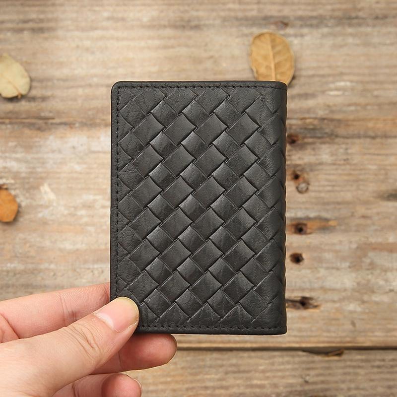 Black Braided Leather Mens Small Wallets Bifold Slim Front Pocket Wallet Card Holder for Men - iwalletsmen