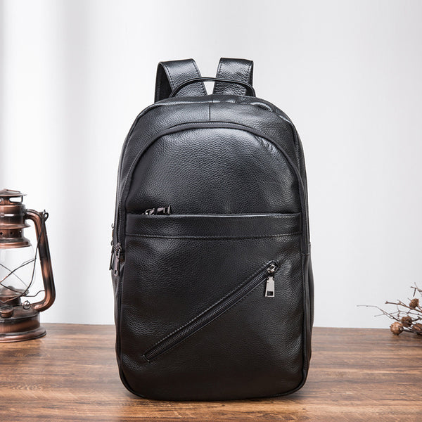Black Mens Leather College Backpack Laptop Backpack Black Travel Backpack for Men - iwalletsmen
