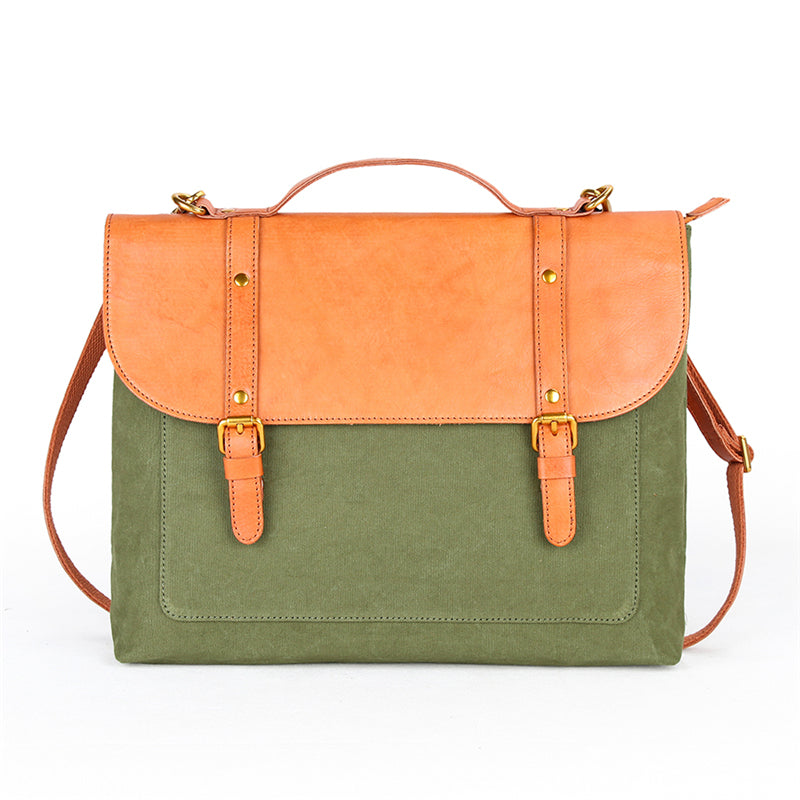 Canvas Leather Mens 15" Brown Messenger Bag Side Bag Briefcase Green Courier Bag for Men - iwalletsmen