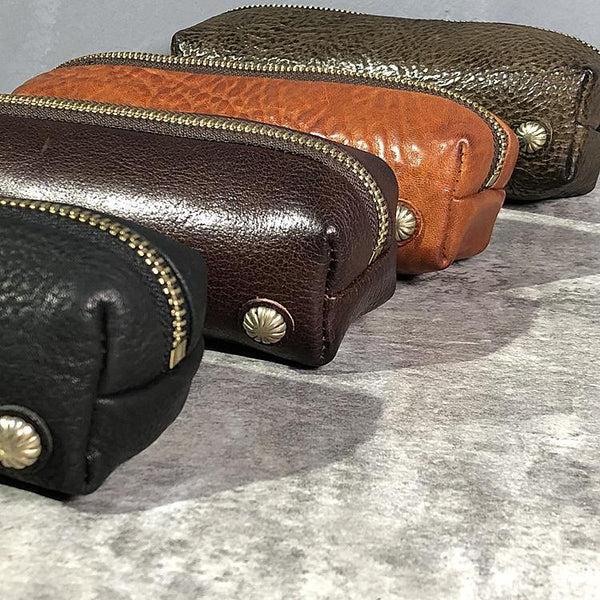 Simple Handmade Leather Womens Makeup Case Black Pencil Case Small Makeup Purse For Men - iwalletsmen