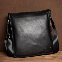 Black Leather 10 inches Mens Small Vertical Messenger Bags Postman Bags Courier Bag for Men - iwalletsmen