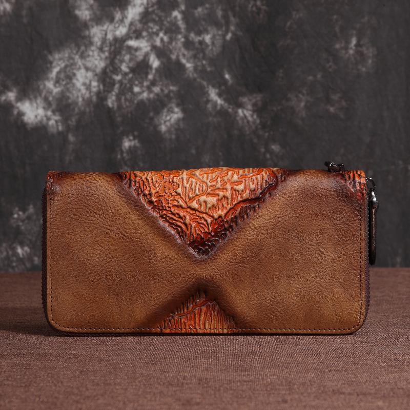 Brown Vintage Wallet Leather Mens Womens Tooled Long Wallet Zipper Black Clutch Wallet For Men - iwalletsmen