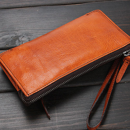 Handmade Leather Mens Cool Long Leather Wallet Zipper Clutch Wristlet Wallet for Men - iwalletsmen