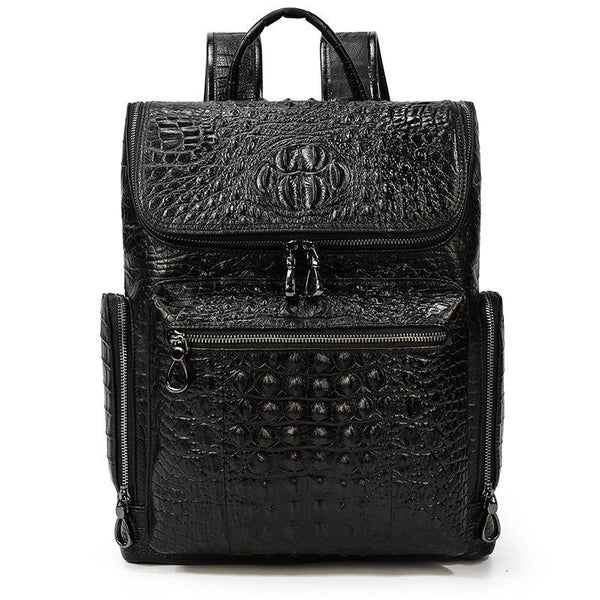 Black Crocodile Pattern Leather Men's 14 inches Computer Backpack Black Travel Backpack College Backpack For Men - iwalletsmen