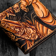 Handmade Leather Chinese Black&White Tooled Mens billfold Wallet Cool Leather Wallet Slim Wallet for Men