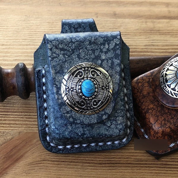 Handmade Mens Blue Leather Classic Zippo Lighter Case Belt Zippo Lighter Holder with Belt Loop - iwalletsmen