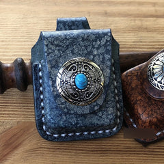 Handmade Mens Blue Leather Classic Zippo Lighter Case Belt Zippo Lighter Holder with Belt Loop - iwalletsmen