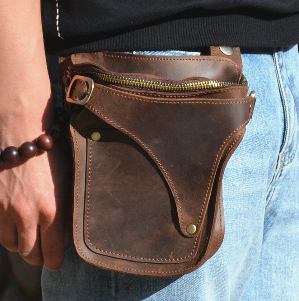 Cool Brown Leather Men's Belt Bag Waist Bag Motorcycle Bag Belt Pouch For Men - iwalletsmen