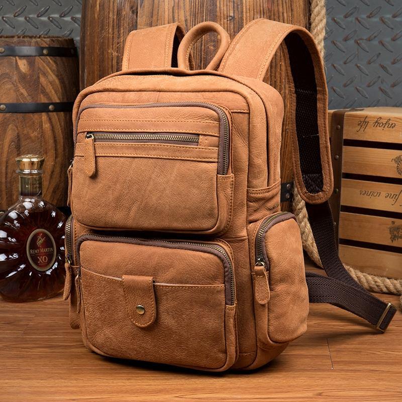 Brown Casual Leather Mens 13 inches Travel Backpacks Computer Backpack for Men - iwalletsmen
