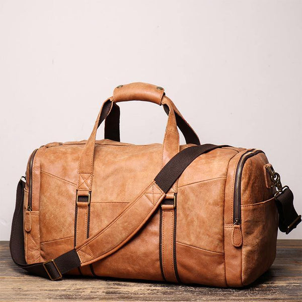 Cool Brown Leather Mens  16" Large Weekender Bag Sport Travel Bag Duffle Bag for Men - iwalletsmen