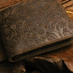 Handmade Leather Floral Mens Cool Slim Leather Wallet Men billfold Wallets Bifold for Men