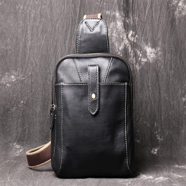 Fashion Black Leather Sling Backpack Men's Sling Bag Black Chest Bag One shoulder Backpack Black Sling Pack For Men - iwalletsmen