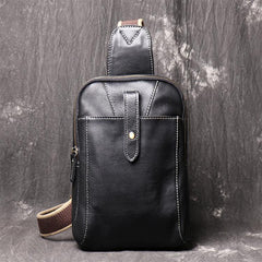 Fashion Black Leather Sling Backpack Men's Sling Bag Black Chest Bag One shoulder Backpack Black Sling Pack For Men - iwalletsmen