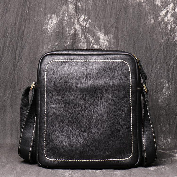 Black Cool Leather 10 inches Small Zipper Messenger Bag Vertical Shoulder Bag Dark Brown Side Bag For Men - iwalletsmen
