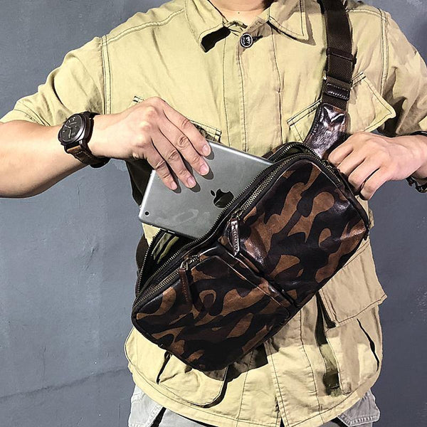 Cool Leather Mens Camouflage Chest Bag Sling Bag Crossbody Pack Black One Shoulder Backpack for men - iwalletsmen