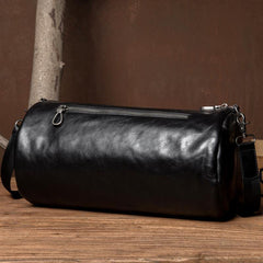 Fashion Black Leather Mens Barrel Messenger Bag Bucket Courier Bag Postman Bags for Men - iwalletsmen