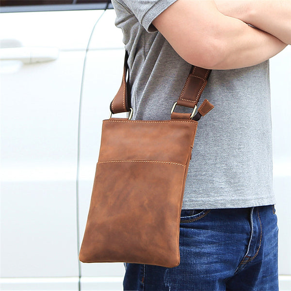 Vintage Brown Leather Men's Small Vertical Side Bag Small Messenger Bag For Men - iwalletsmen